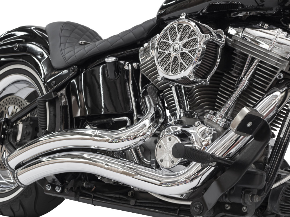 FREEDOM PERFORMANCE EXHAUST Sharp Curve Radius Exhaust – Chrome with Black End Caps. Fits Softail 1986-2017.