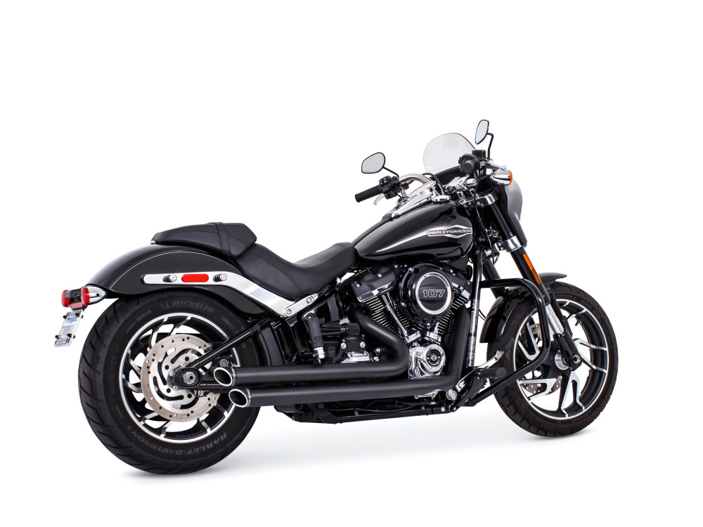 FREEDOM PERFORMANCE EXHAUST Independence Staggered Slash Exhaust – Black with Black End Caps. Fits Softail 2018up.