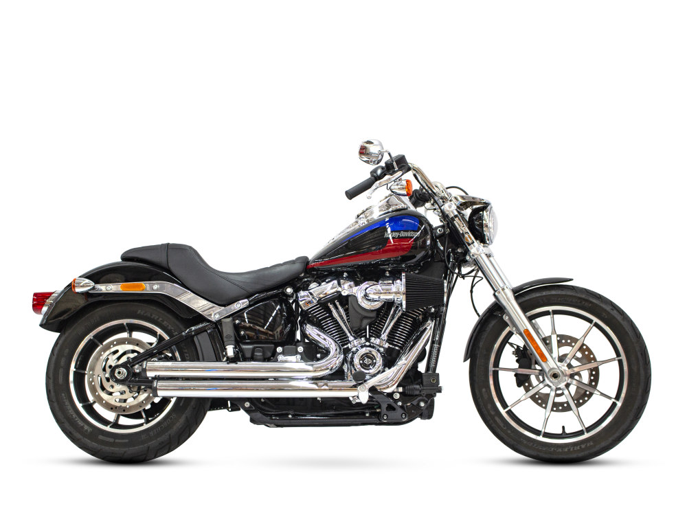 FREEDOM PERFORMANCE EXHAUST Independence Staggered Exhaust – Chrome with Black End Caps. Fits Softail 2018up.
