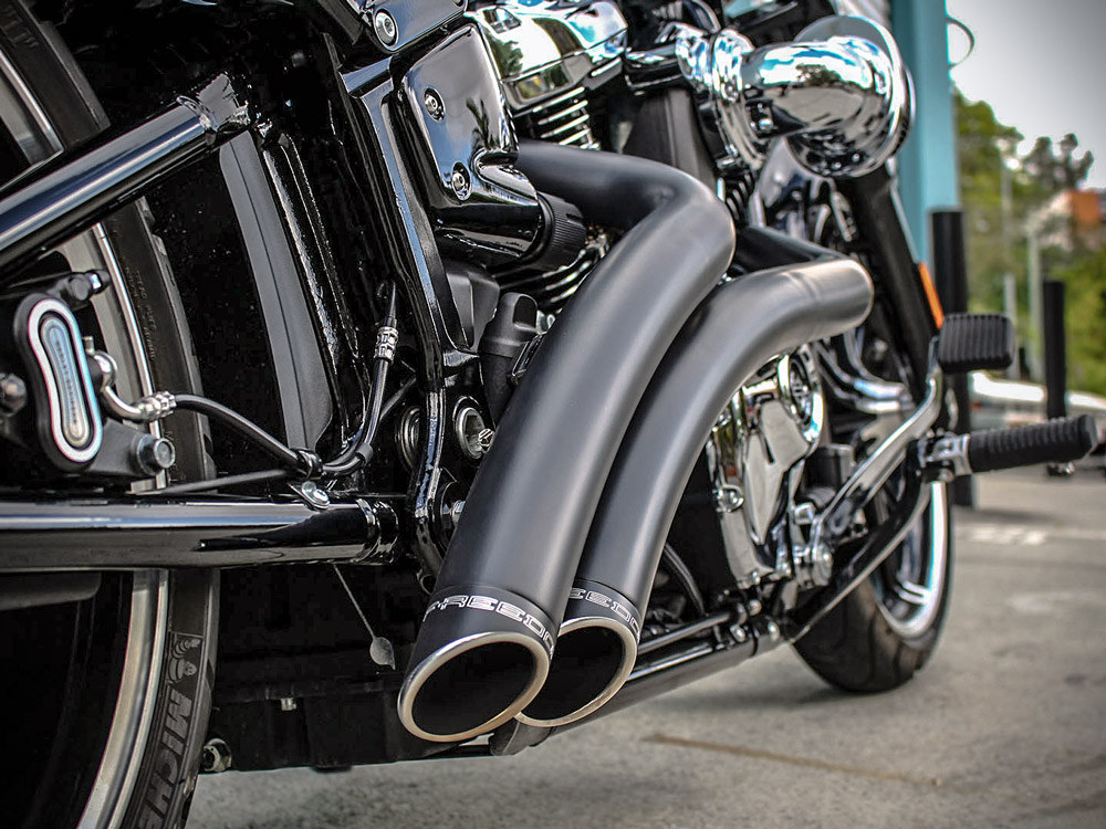 FREEDOM PERFORMANCE EXHAUST Radical Radius Exhaust – Black with Black End Caps. Fits Softail 2018up.