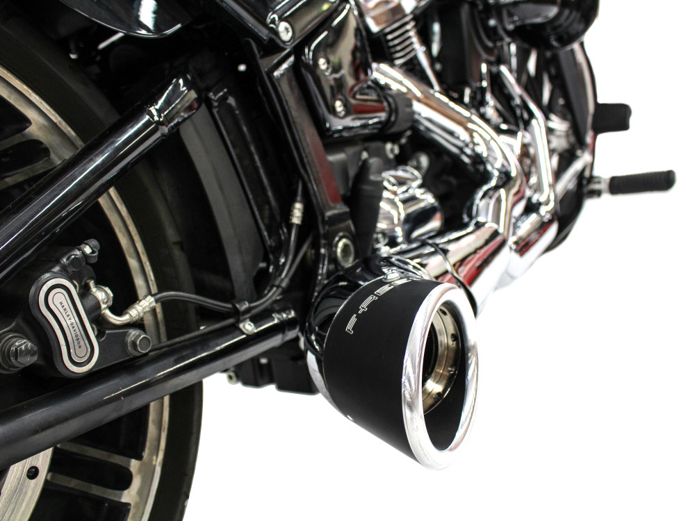 FREEDOM PERFORMANCE EXHAUST Turnout 2-into-1 Exhaust – Chrome with Black End Cap. Fits Softail 2018up.