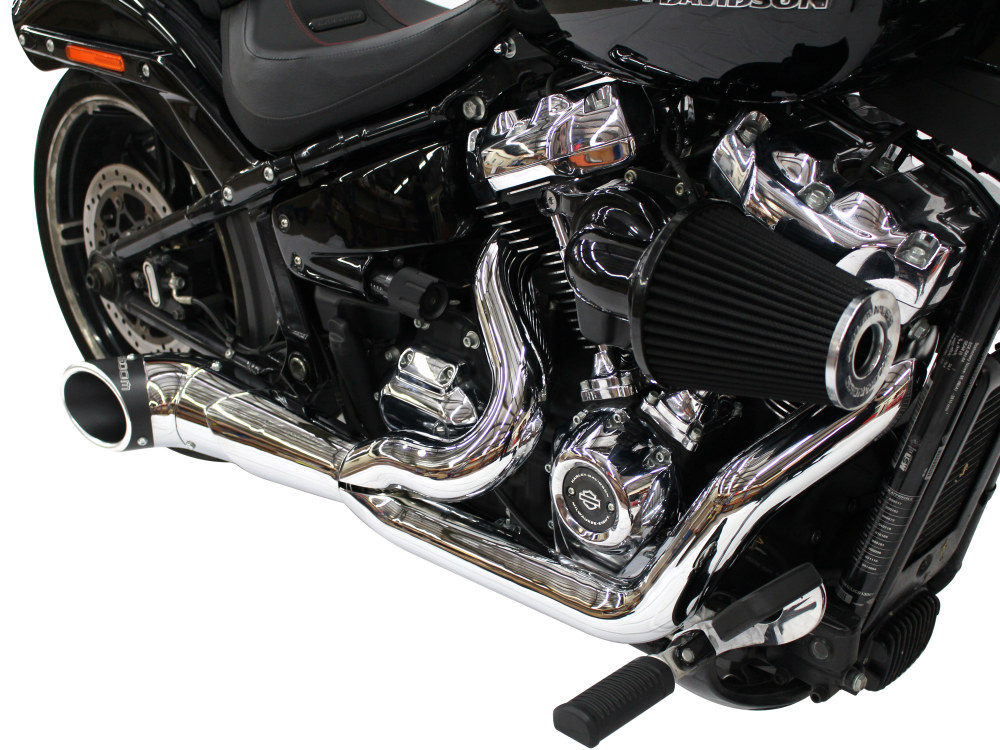 FREEDOM PERFORMANCE EXHAUST Turnout 2-into-1 Exhaust – Chrome with Black End Cap. Fits Softail 2018up.