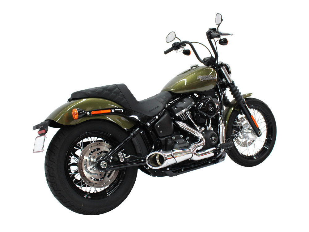 FREEDOM PERFORMANCE EXHAUST Combat Shorty 2-into-1 Exhaust – Chrome with Chrome End Cap. Fits Softail 2018up.