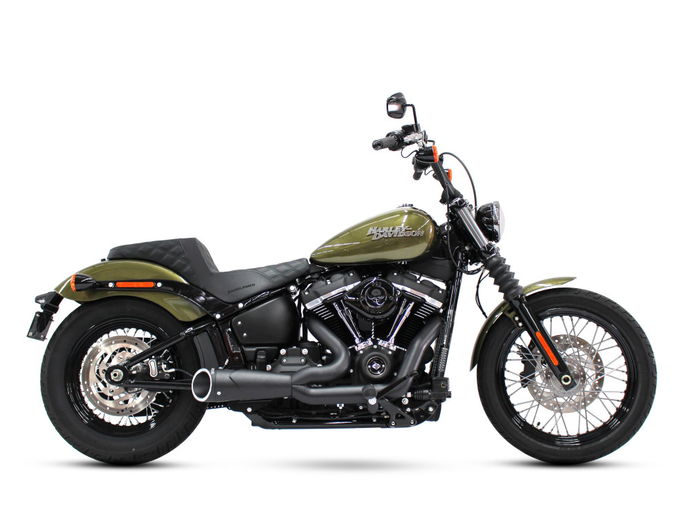 FREEDOM PERFORMANCE EXHAUST Combat Shorty 2-into-1 Exhaust – Black with Black End Cap. Fits Softail 2018up.