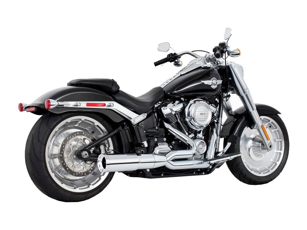 FREEDOM PERFORMANCE EXHAUST 2-into-1 Two Step Exhaust – Chrome with Chrome End Cap. Fits Softail Breakout & Fatboy 2018up with 240 Tyre.