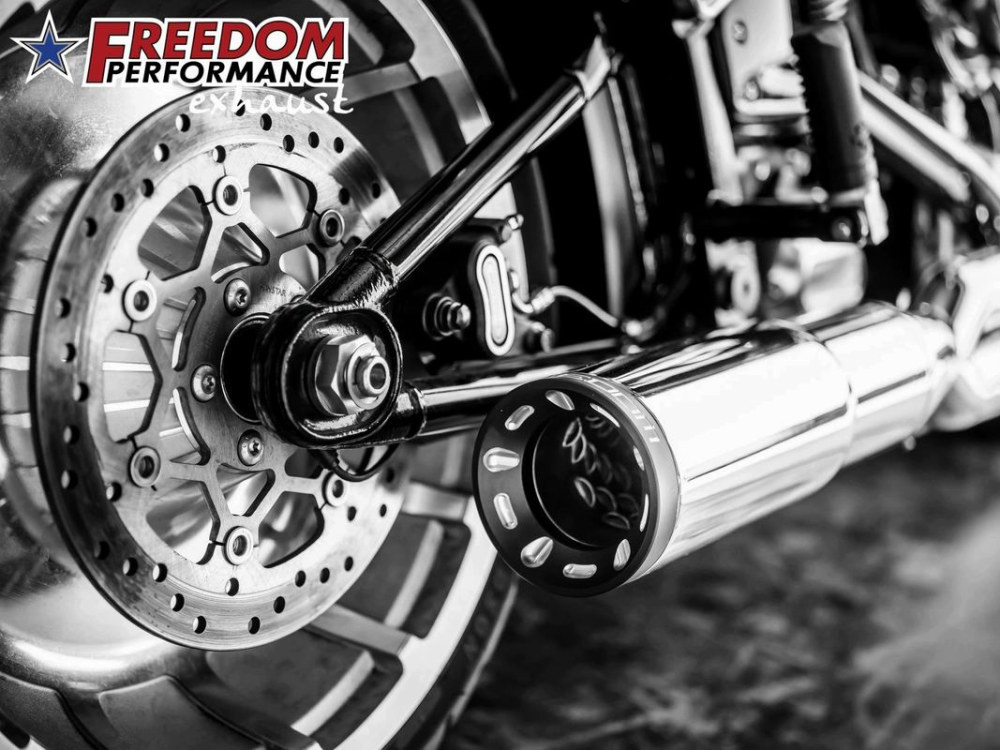 FREEDOM PERFORMANCE EXHAUST 2-into-1 Two Step Exhaust – Chrome with Black End Cap. Fits Softail Breakout & Fatboy 2018up with 240 Tyre.