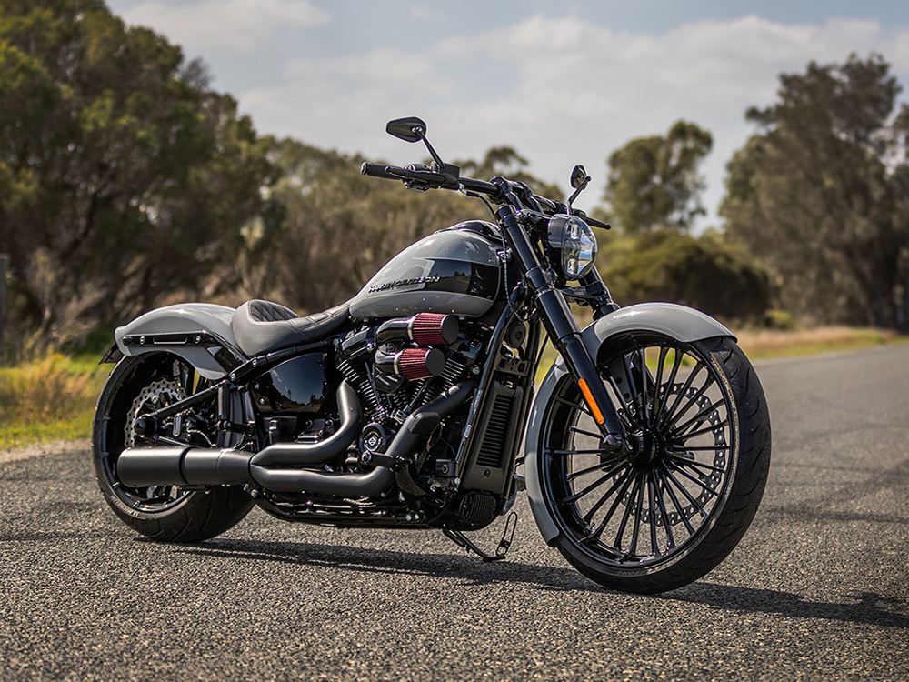 FREEDOM PERFORMANCE EXHAUST 2-into-1 Two Step Exhaust – Black with Black End Cap. Fits Softail Breakout & Fatboy 2018up with 240 Tyre.