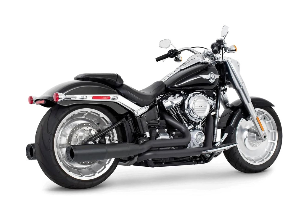 FREEDOM PERFORMANCE EXHAUST 4.5in. Two-Step Trual Dual Exhaust – Black with Pitch Black End Caps. Fits Softail Breakout & Fatboy 2018up with 240 Tyre.