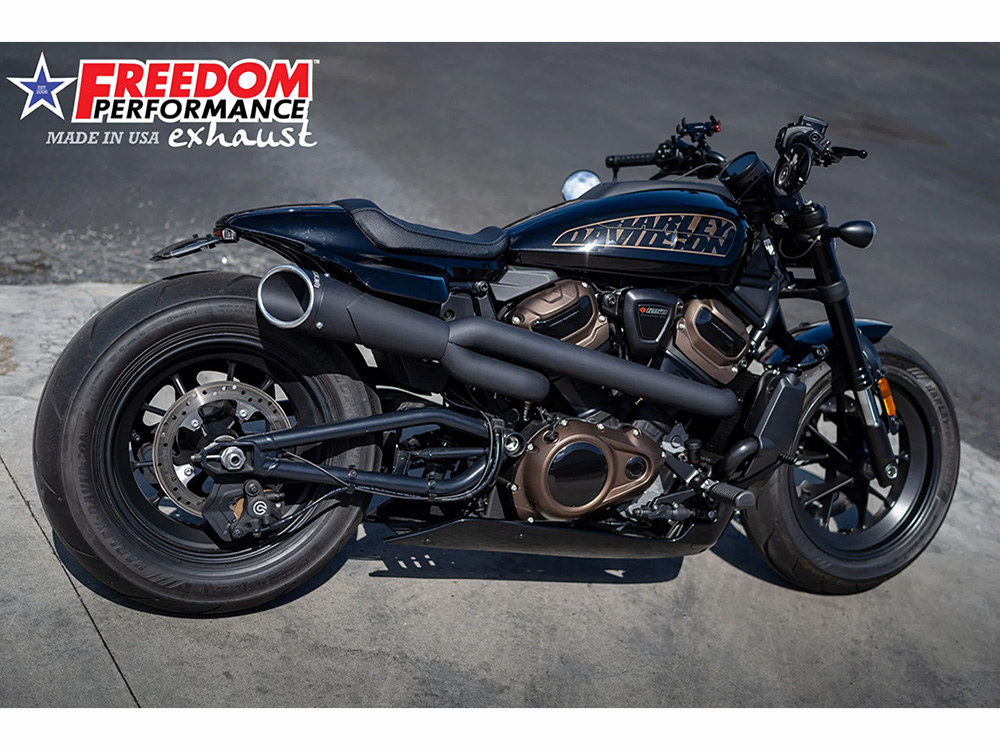 FREEDOM PERFORMANCE EXHAUST Combat Shorty 2-into-1 Exhaust – Black with Black End Cap. Fits Sportster S 2021-2023