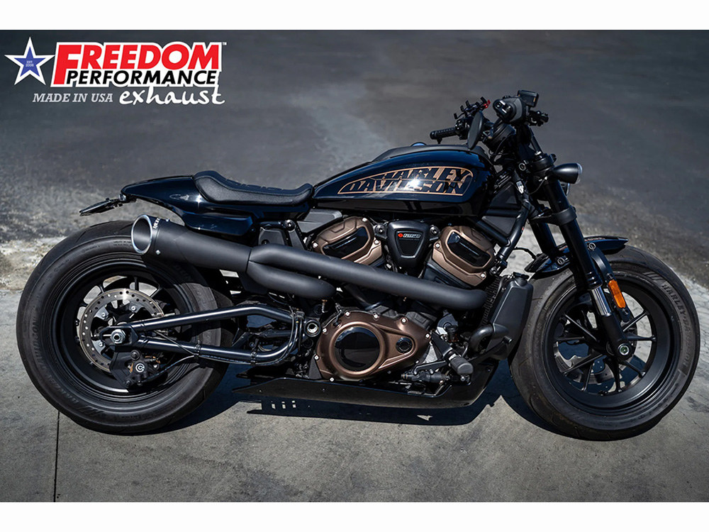 FREEDOM PERFORMANCE EXHAUST Combat Shorty 2-into-1 Exhaust – Black with Black End Cap. Fits Sportster S 2021-2023