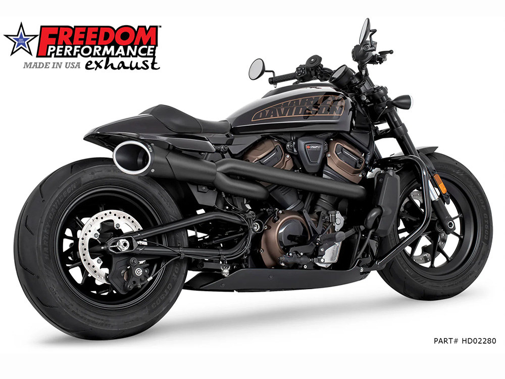 FREEDOM PERFORMANCE EXHAUST Combat Shorty 2-into-1 Exhaust – Black with Black End Cap. Fits Sportster S 2021-2023