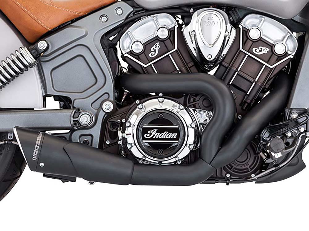 FREEDOM PERFORMANCE EXHAUST Combat 2-into-1 Exhaust – Black with Black End Cap. Fits Indian Scout 2015-2024