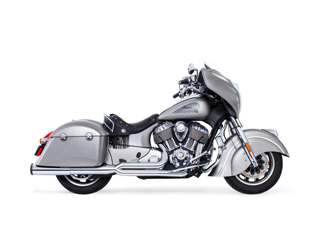 FREEDOM PERFORMANCE EXHAUST Union 2-into-1 Exhaust – Chrome with Black End Cap. Fits Indian Big Twin 2014up with Hard Saddle Bags.