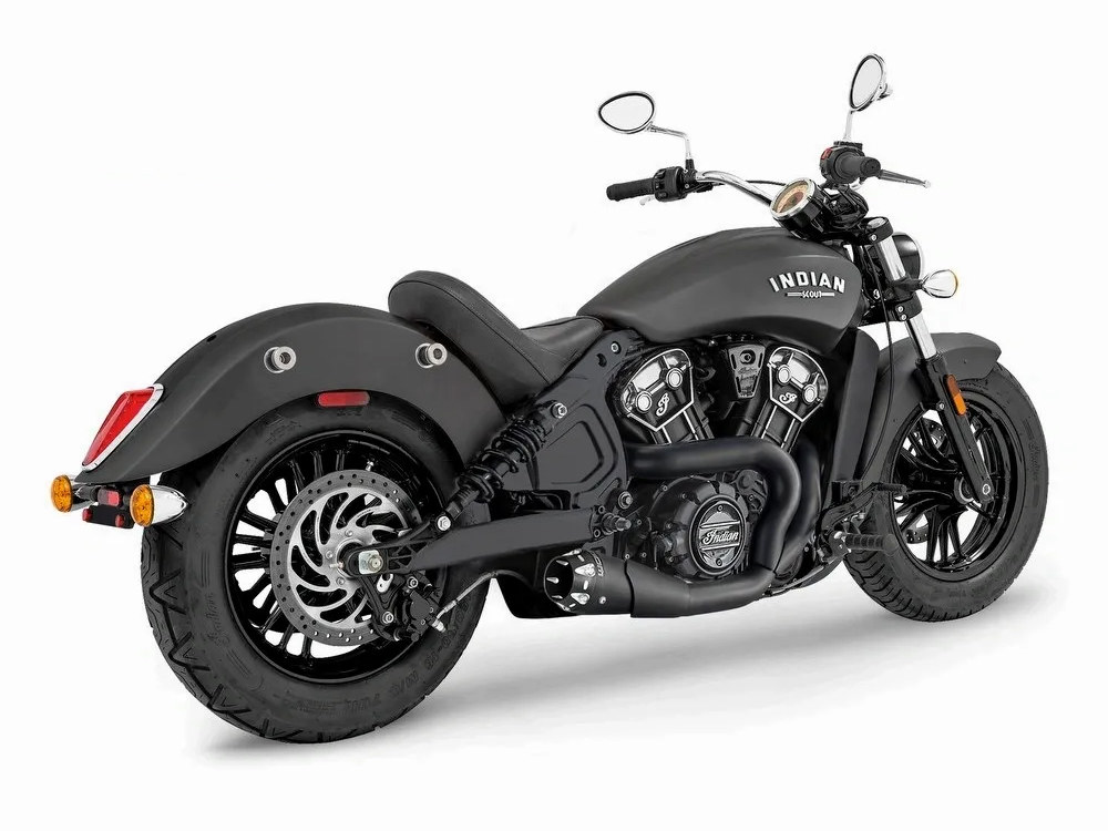 FREEDOM PERFORMANCE EXHAUST American Outlaw Shorty 2-into-1 Exhaust – Black with Black End Cap. Fits Indian Scout 2015-2024