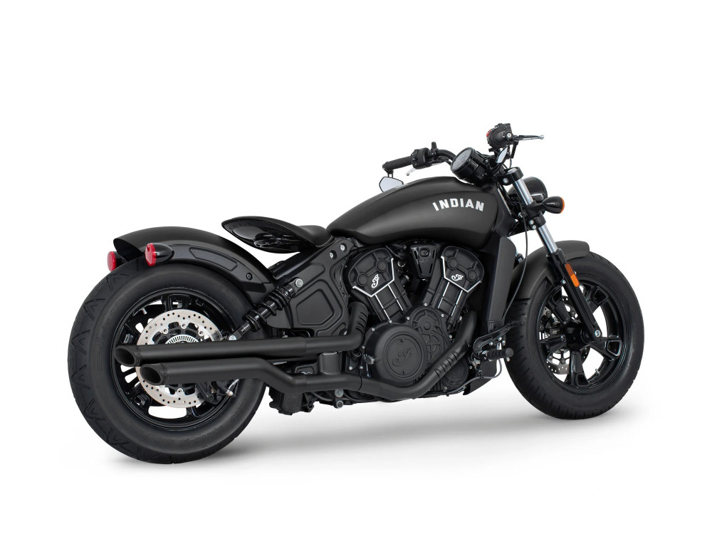 FREEDOM PERFORMANCE EXHAUST 2.5in. Slip-On Mufflers – Black with Black Slash End Caps. Fits Indian Scout 2015-2024