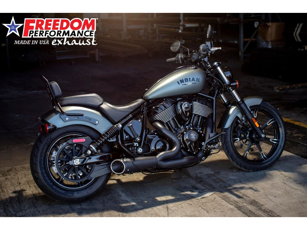 FREEDOM PERFORMANCE EXHAUST Combat 2-into-1 Exhaust – Black with Black End Cap. Fits Indian Cruiser 2022up