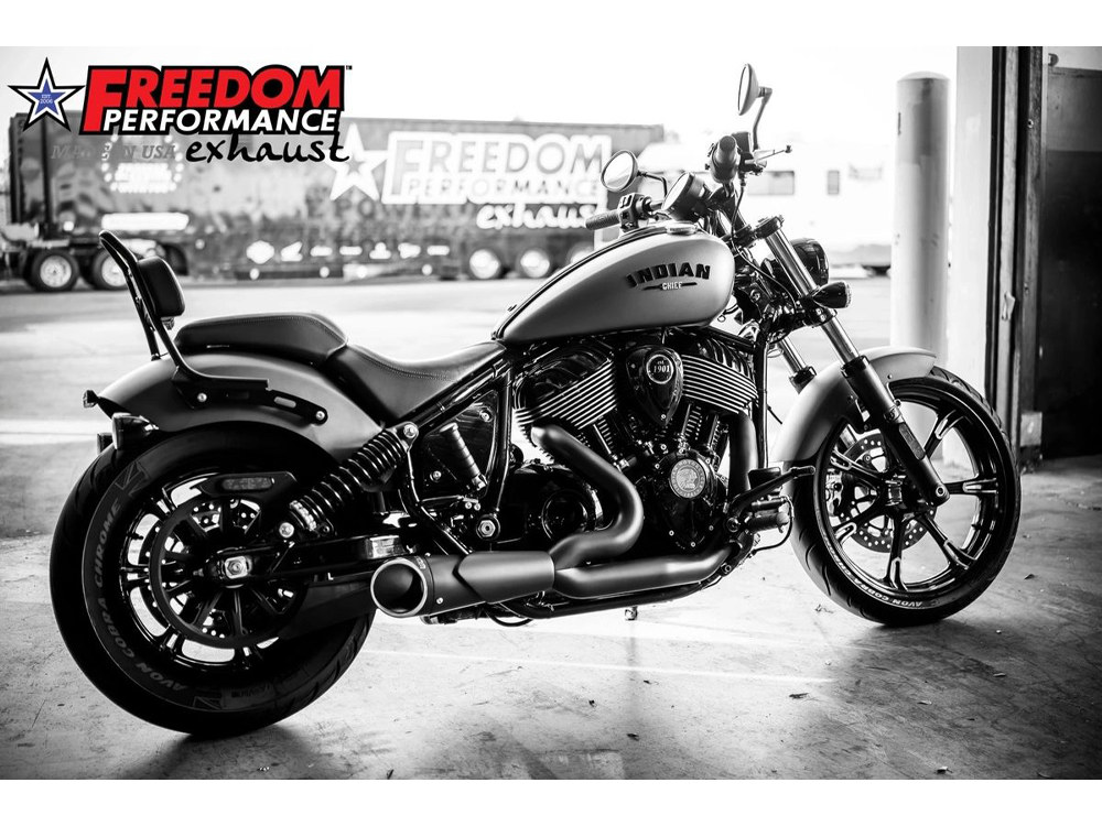 FREEDOM PERFORMANCE EXHAUST Combat 2-into-1 Exhaust – Black with Black End Cap. Fits Indian Cruiser 2022up