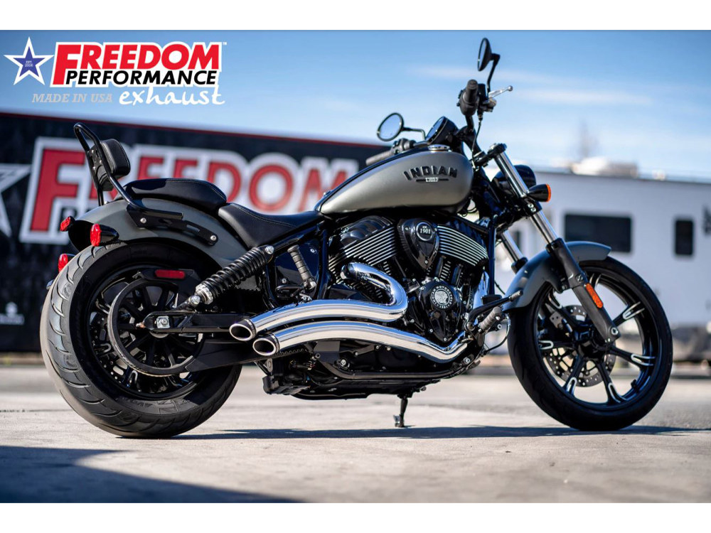 FREEDOM PERFORMANCE EXHAUST Sharp Curve Radius Exhaust – Chrome with Black End Caps. Fits Indian Cruiser 2022up