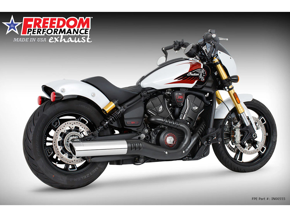 FREEDOM PERFORMANCE EXHAUST 4in. Slip-On Muffler – Chrome with Chrome End Cap. Fits Indian Scout 2025up