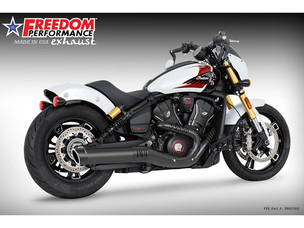 FREEDOM PERFORMANCE EXHAUST 4in. Slip-On Muffler – Black with Black End Cap. Fits Indian Scout 2025up