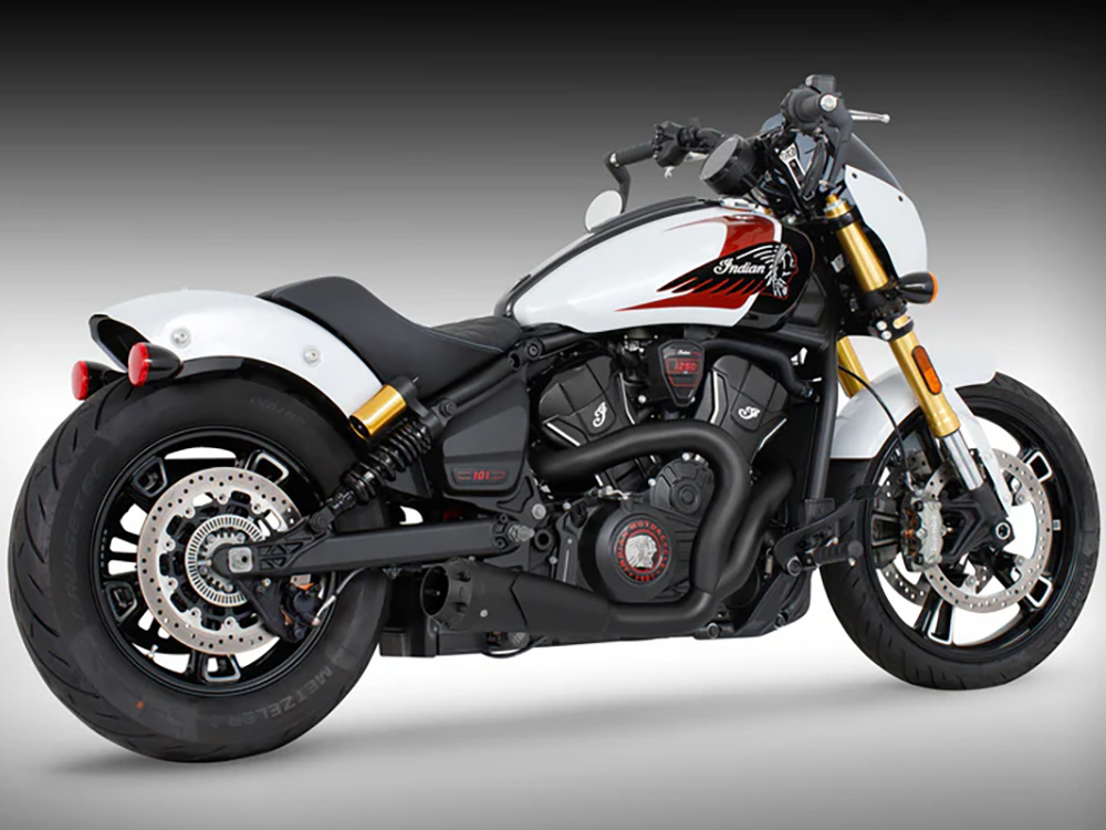 FREEDOM PERFORMANCE EXHAUST American Outlaw Shorty 2-into-1 Exhaust – Black with Black End Cap. Fits Indian Scout 2025up