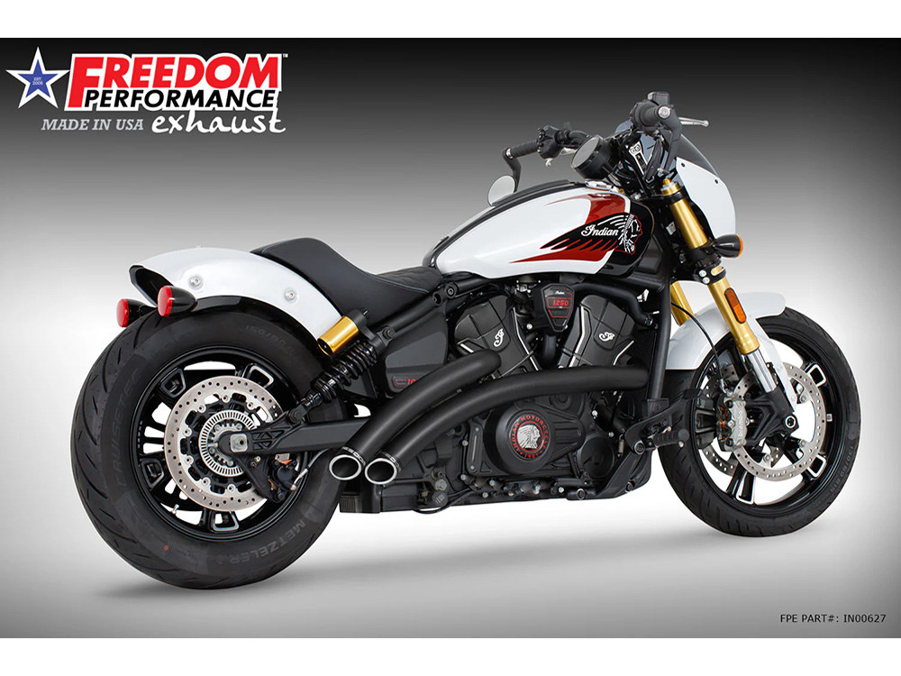 FREEDOM PERFORMANCE EXHAUST Radical Radius Exhaust – Black with Black End Caps. Fits Indian Scout 2025up