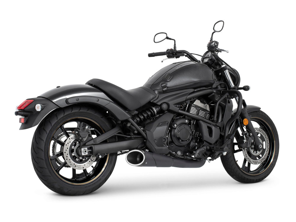 FREEDOM PERFORMANCE EXHAUST Combat Shorty 2-into-1 Exhaust – Black with Black End Cap. Fits Kawasaki Vulcan ‘S’ 650cc 2015up.