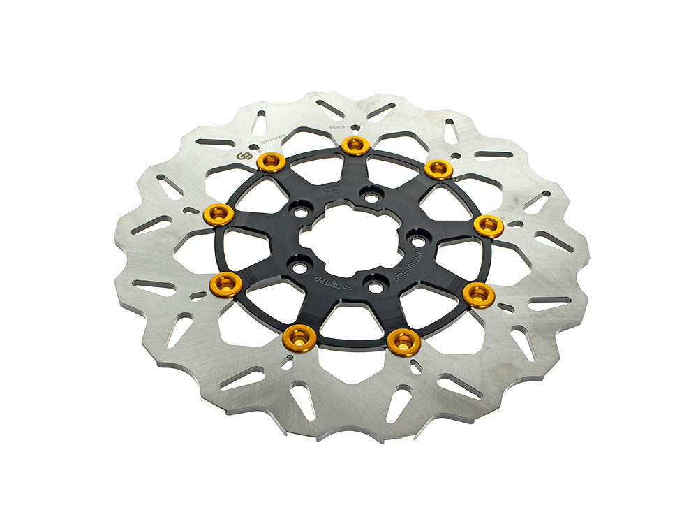 GBRAKES 11.8in. Front Wave Floating Disc Rotor – Black with Gold Buttons. Fits Dyna 2006-2017, Softail 2015up, Sportster 2014-2021 & Some Touring 2008-2023
