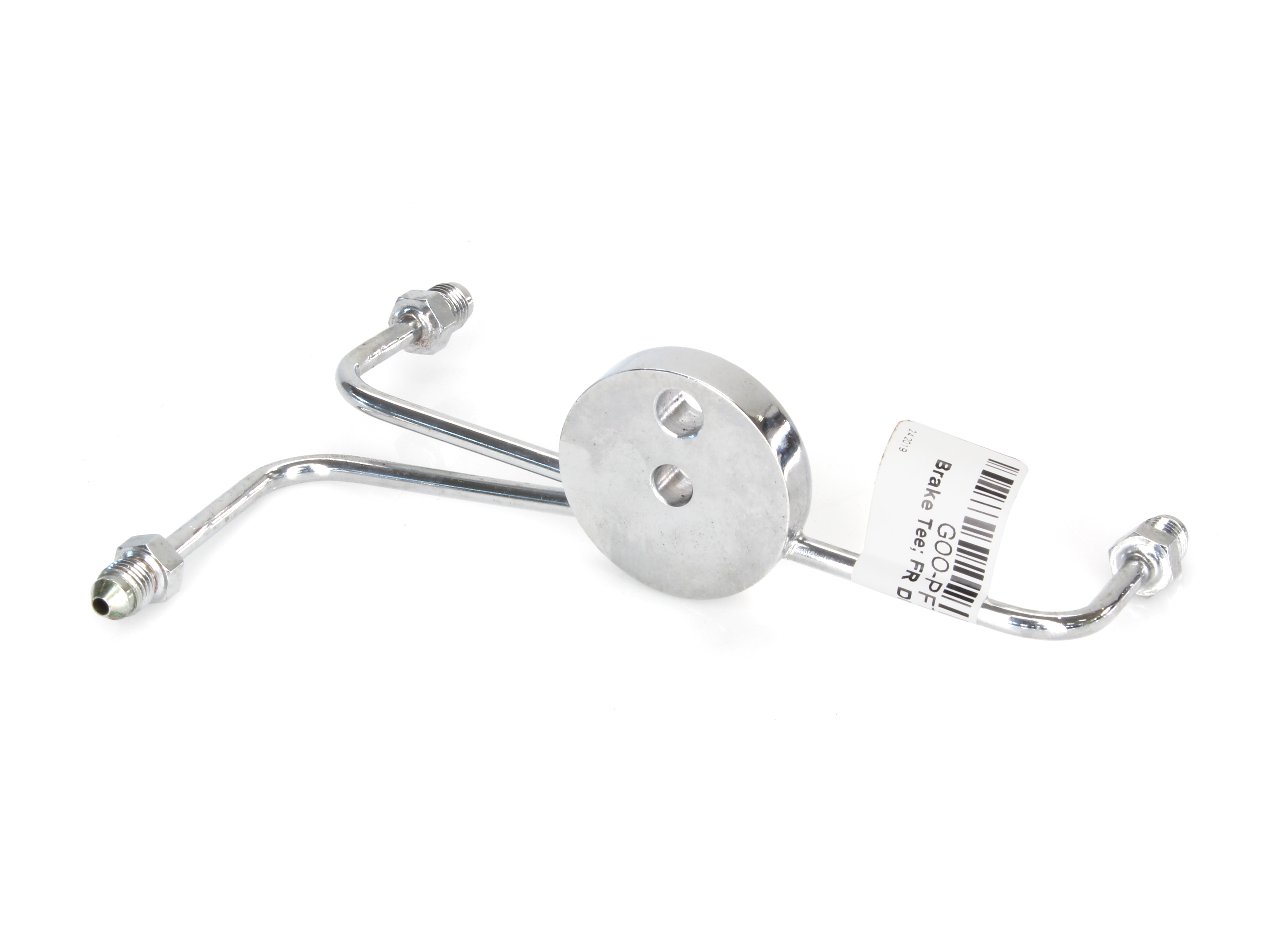 Goodridge AN3 Front Dual Disc Brake Tee – Chrome. Fits Narrow Glide Front Ends with Dual Disc Rotors.