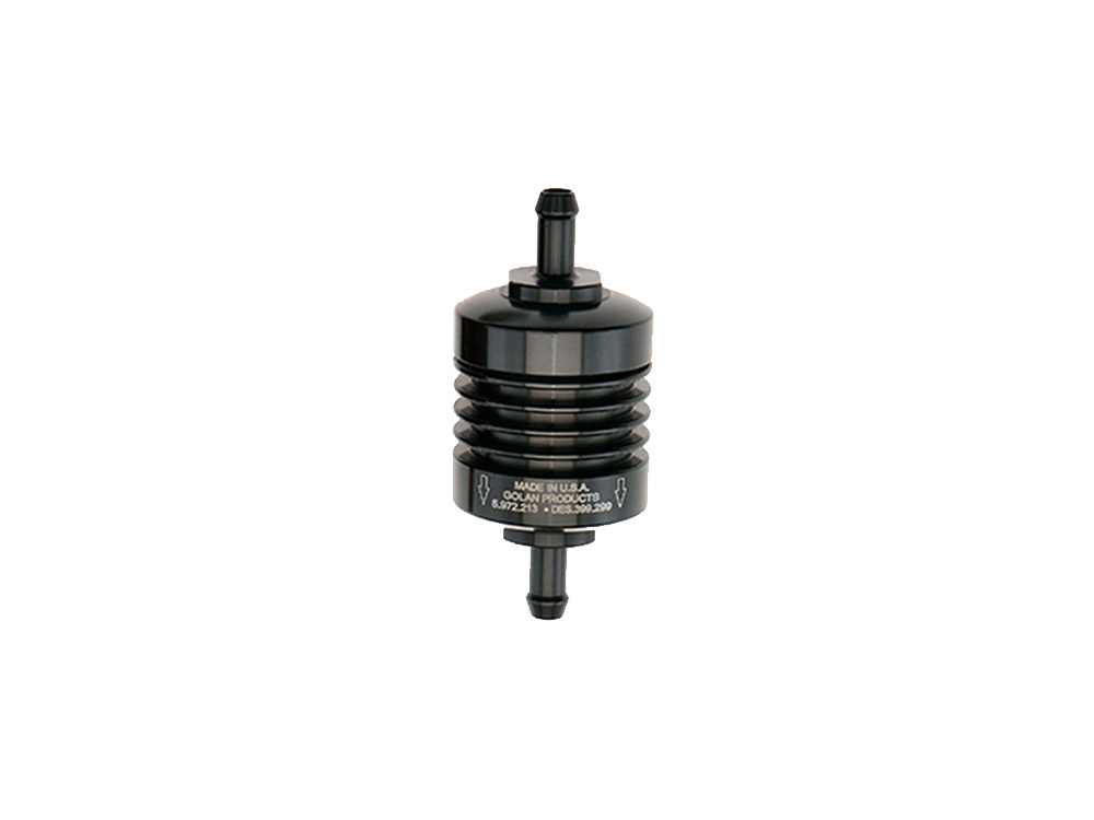 GOLAN FUEL TAPS Washable Mini Inline Fuel Filter. 5/16in. Hose x 1.5in. long. Black Billet Aluminium.