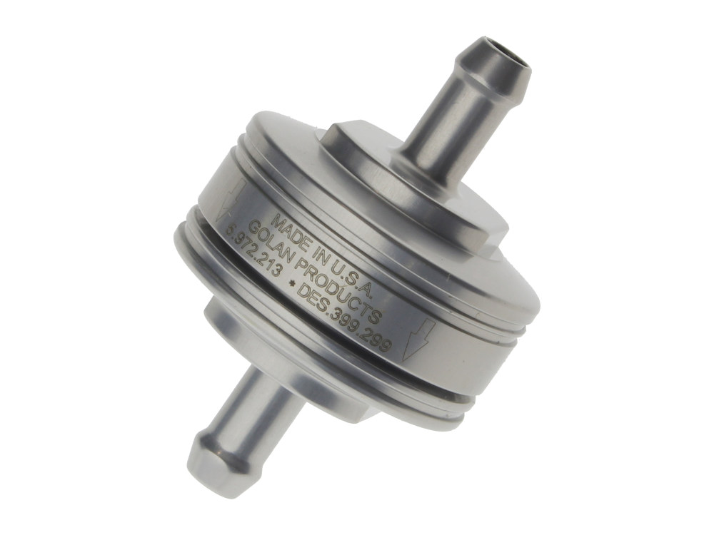 GOLAN FUEL TAPS Washable Super Mini Inline Fuel Filter. 1/4in. Hose x 0.675in. long. Billet Aluminium.