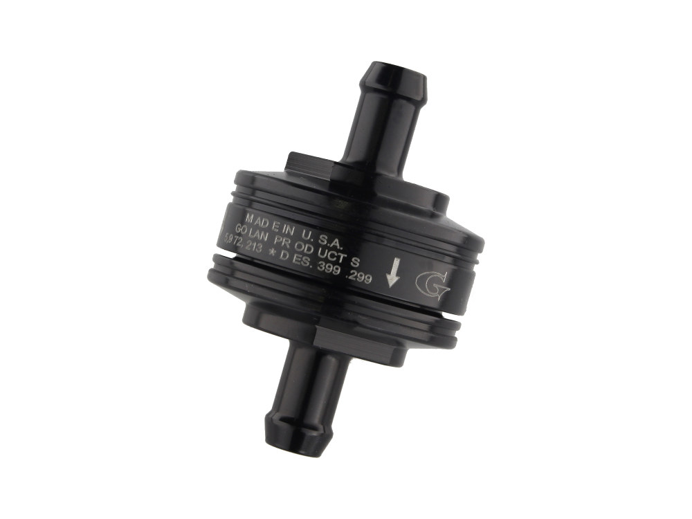 GOLAN FUEL TAPS Washable Super Mini Inline Fuel Filter. 5/16in. Hose x 0.675in. long. Black Billet Aluminium.