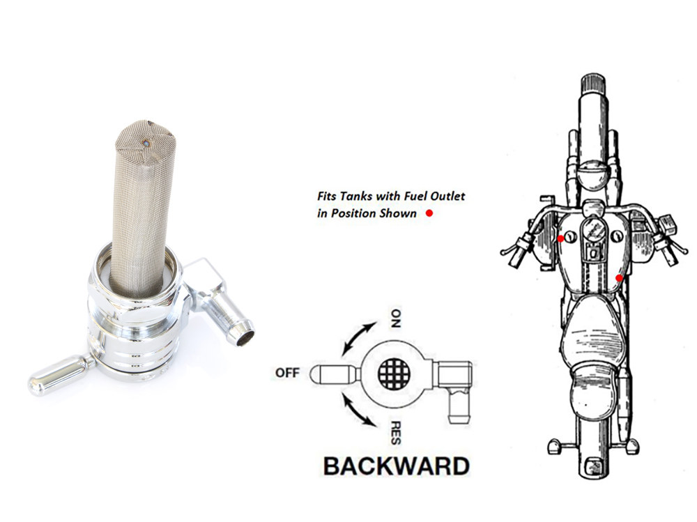 GOLAN FUEL TAPS High-Flow Fuel Tap / Petcock with 22mm Thread & 5/16in. Backward Facing Fuel Outlet – Chrome. Fits Softail 1984-2006, Dyna 1991-2006, FXR 1982-1994, Touring 1988-2006, Sportster 1975-2006 & 4Spd Big Twin 1975-1986