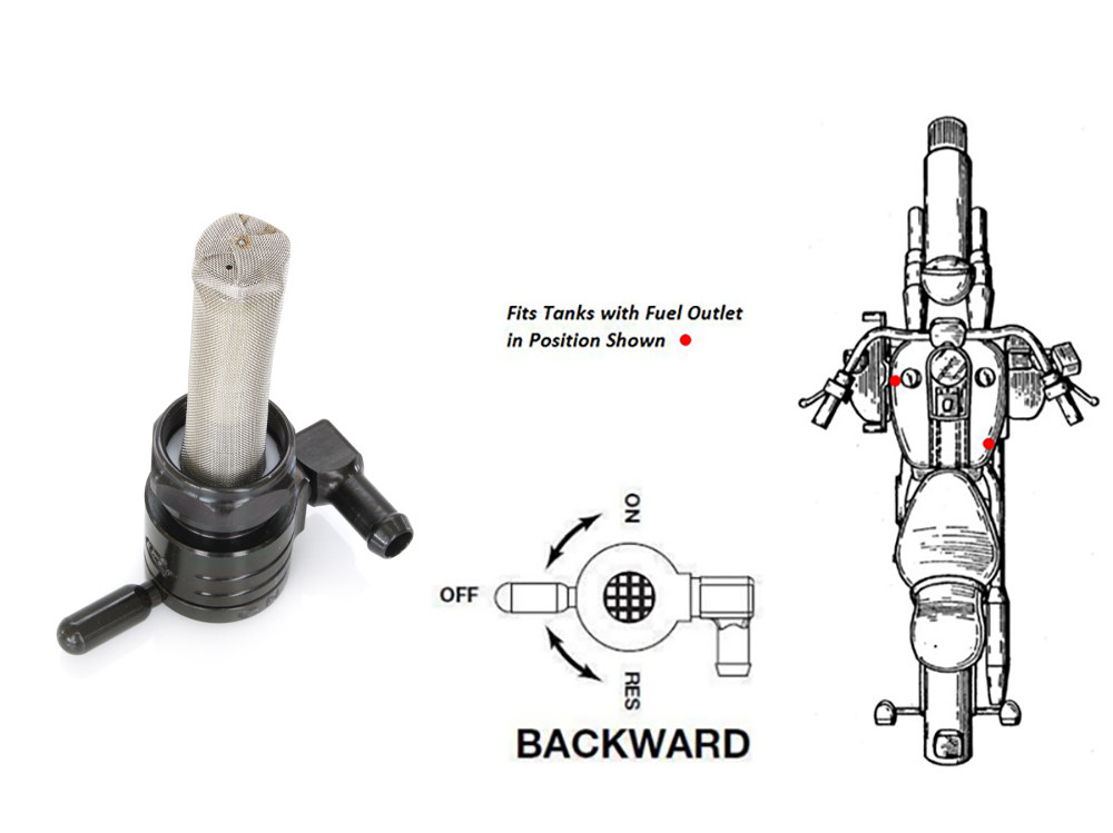 GOLAN FUEL TAPS High-Flow Fuel Tap / Petcock with 22mm Thread & 5/16in. Backward Facing Fuel Outlet – Black. Fits Softail 1984-2006, Dyna 1991-2006, FXR 1982-1994, Touring 1988-2006, Sportster 1975-2006 & 4Spd Big Twin 1975-1986