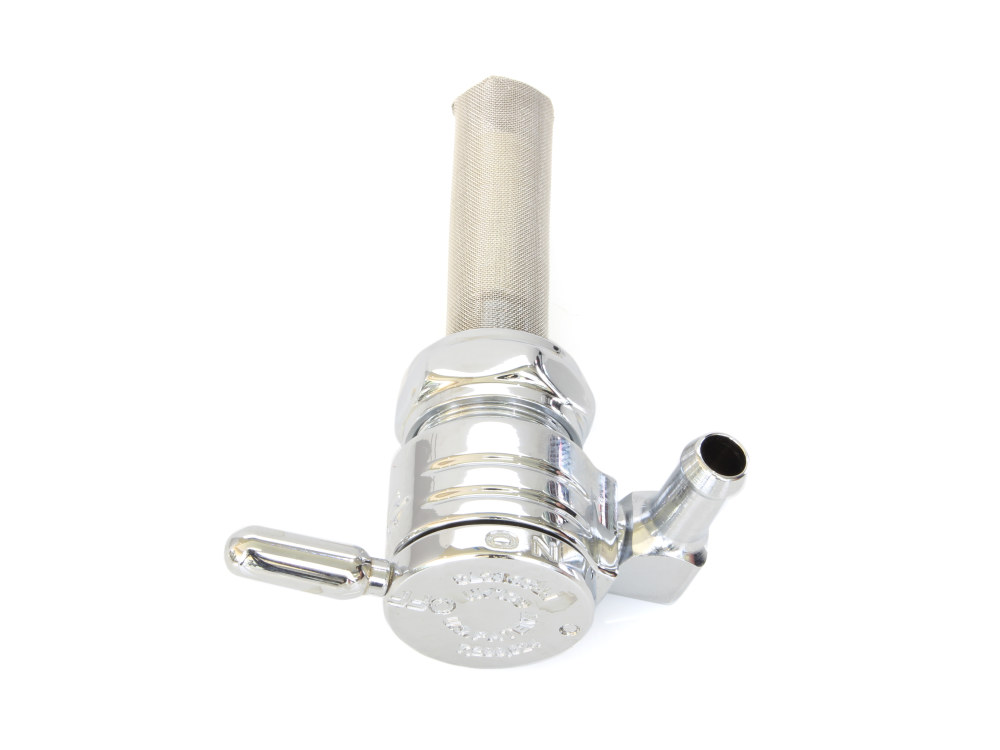 GOLAN FUEL TAPS High-Flow Fuel Tap / Petcock with 22mm Thread & 5/16in. Backward Facing Fuel Outlet – Chrome. Fits Softail 1984-2006, Dyna 1991-2006, FXR 1982-1994, Touring 1988-2006, Sportster 1975-2006 & 4Spd Big Twin 1975-1986