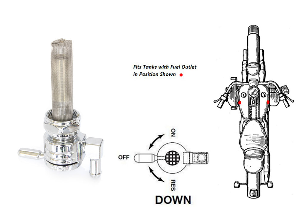 GOLAN FUEL TAPS High-Flow Fuel Tap / Petcock with 22mm Thread & 5/16in. Downward Facing Fuel Outlet – Chrome. Fits Softail 1984-2006, Dyna 1991-2006, FXR 1982-1994, Touring 1988-2006, Sportster 1975-2006 & 4Spd Big Twin 1975-1986