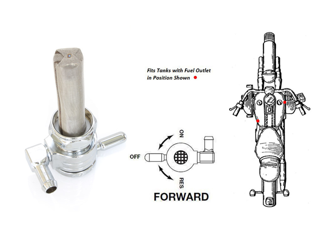 GOLAN FUEL TAPS High-Flow Fuel Tap / Petcock with 22mm Thread & 5/16in. Forward Facing Fuel Outlet – Chrome. Fits Softail 1984-2006, Dyna 1991-2006, FXR 1982-1994, Touring 1988-2006, Sportster 1975-2006 & 4Spd Big Twin 1975-1986