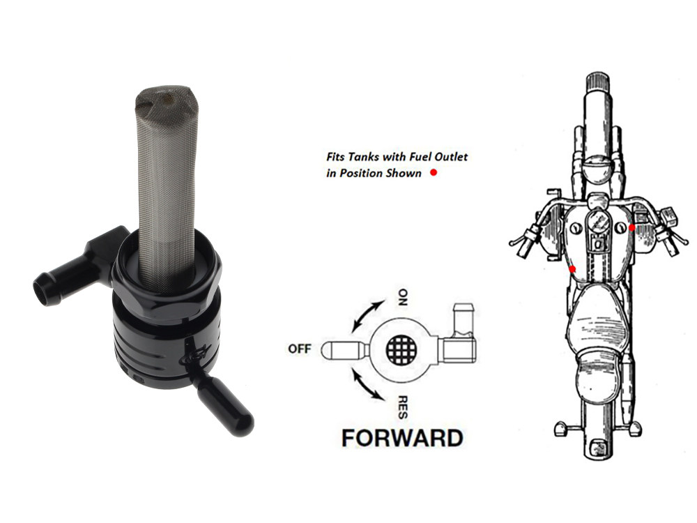 GOLAN FUEL TAPS High-Flow Fuel Tap / Petcock with 22mm Thread & 5/16in. Forward Facing Fuel Outlet – Black. Fits Softail 1984-2006, Dyna 1991-2006, FXR 1982-1994, Touring 1988-2006, Sportster 1975-2006 & 4Spd Big Twin 1975-1986