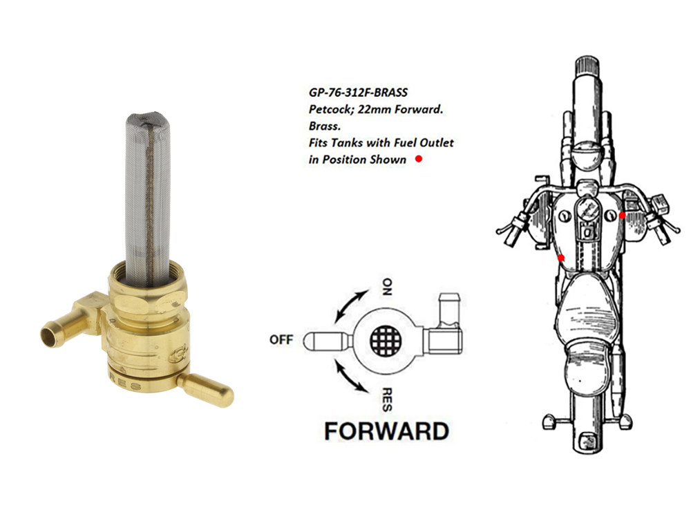 GOLAN FUEL TAPS High-Flow Fuel Tap / Petcock with 22mm Thread & 5/16in. Forward Facing Fuel Outlet – Brass. Fits Softail 1984-2006, Dyna 1991-2006, FXR 1982-1994, Touring 1988-2006, Sportster 1975-2006 & 4Spd Big Twin 1975-1986