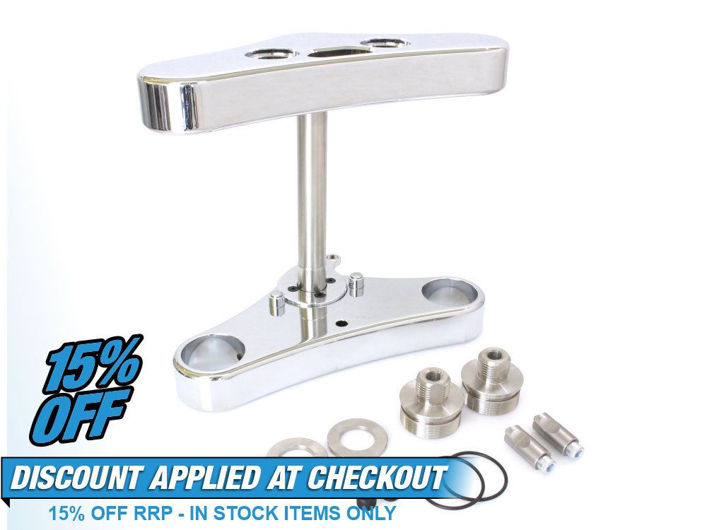 Hawg Halters 5 Degree Raked Mid Glide Triple Tree Kit – Chrome. Fits M8 Street Bob & Softail Standard with 23in. Wheel Conversion