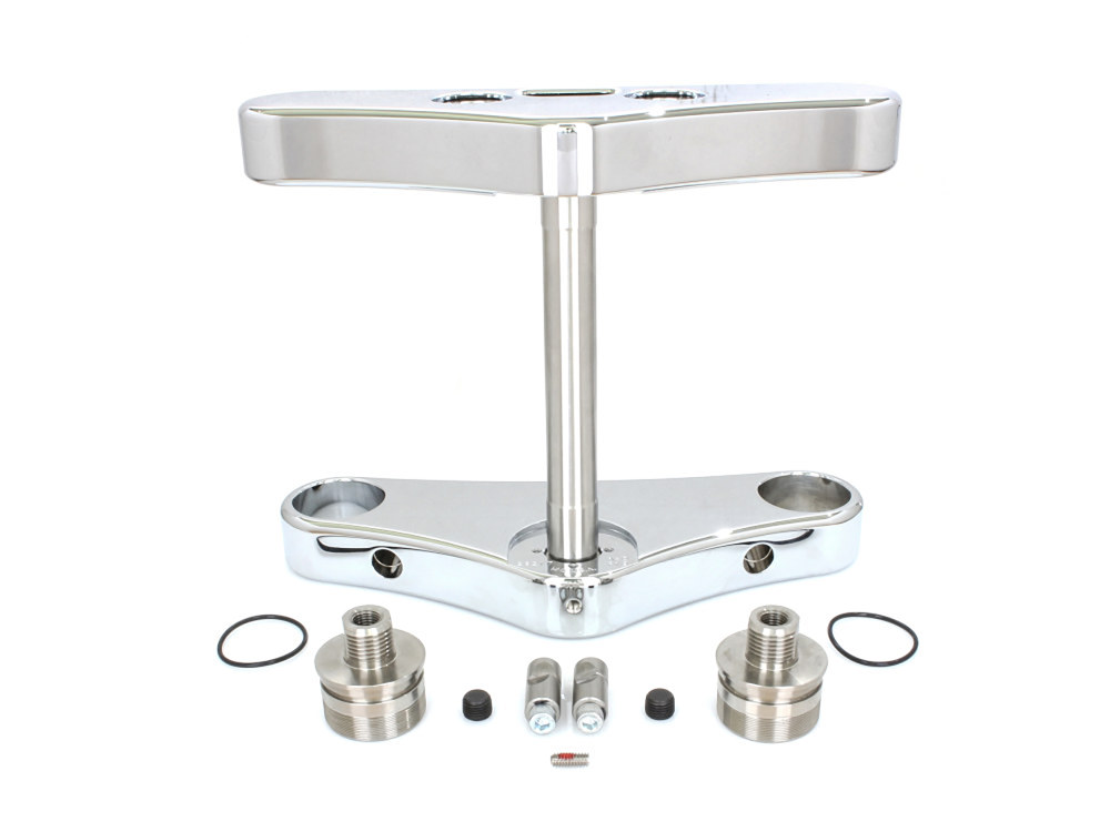 Hawg Halters 5 Degree Raked Wide Glide Conversion Triple Tree Kit – Chrome. Fits Rocker 2008-2010 with 23in. Wheel Conversion.