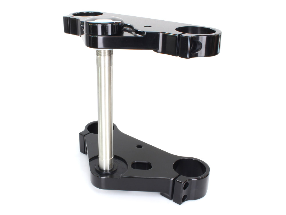 Hawg Halters 6 Degree Raked Triple Tree Kit – Black. Fits V-Rod 2012-2017 with 23in. Wheel Upgrade & Custom Bottom Mount Headlight.