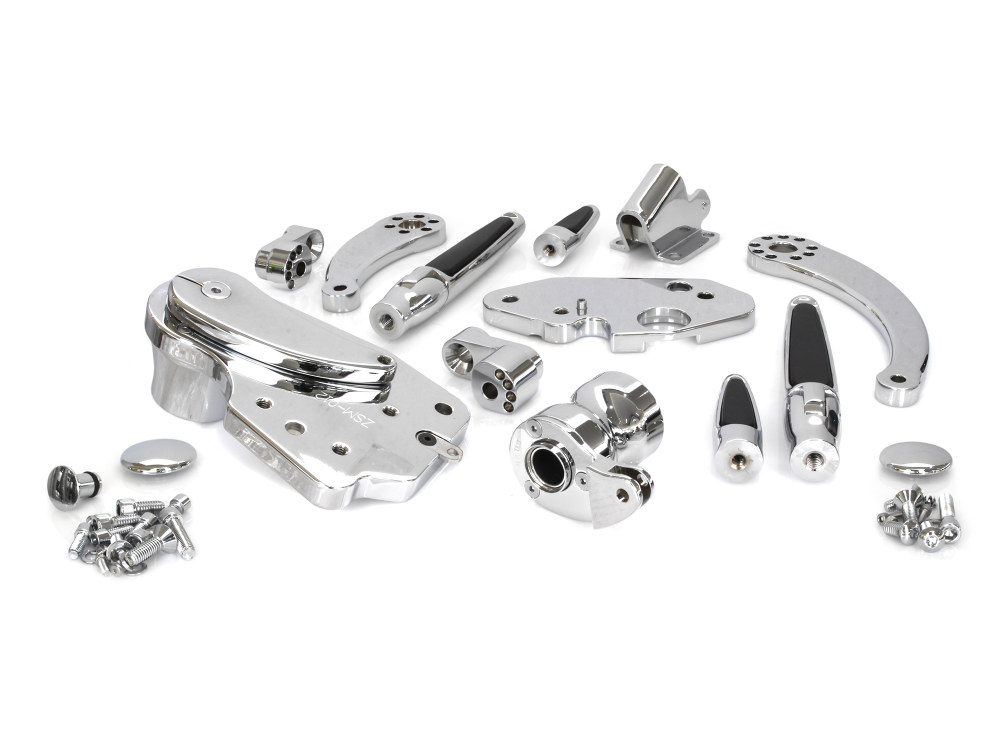 Hawg Halters Standard Length Forward Controls with Folding Rubber Inlay Pegs – Chrome. Fits Touring 2014up including Trikes.