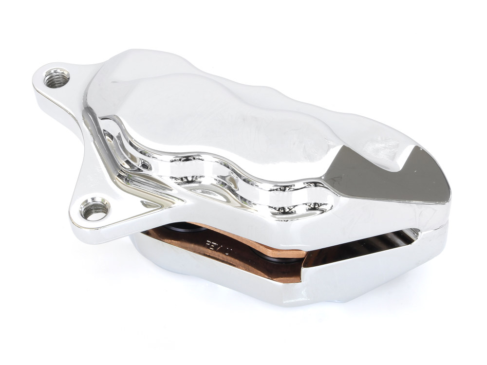 Hawg Halters Left Hand Front 4 Piston Caliper – Chrome. Fits Softail 2000-2014, Dyna 2000-2017, Touring 2000-2007 & Sportster 2000-2007 Models with 11.5in. Disc Rotor.