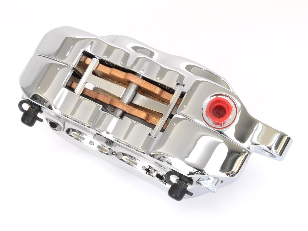 Hawg Halters Left Hand Front 4 Piston Caliper – Chrome. Fits Softail 2000-2014, Dyna 2000-2017, Touring 2000-2007 & Sportster 2000-2007 Models with 11.5in. Disc Rotor.