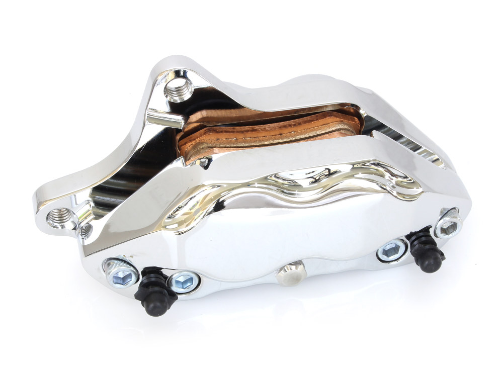 Hawg Halters Left Hand Front 4 Piston Caliper – Chrome. Fits Softail 2000-2014, Dyna 2000-2017, Touring 2000-2007 & Sportster 2000-2007 Models with 11.5in. Disc Rotor.