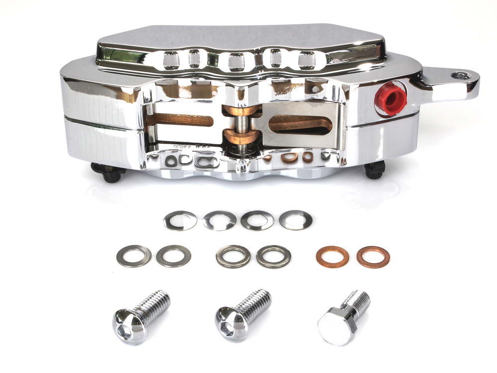 Hawg Halters Left Hand Front 6 Piston Caliper – Chrome. Fits most Big Twin 1984-1999 & Sportster 1984-1999 Models with 11.5in. Disc Rotor.