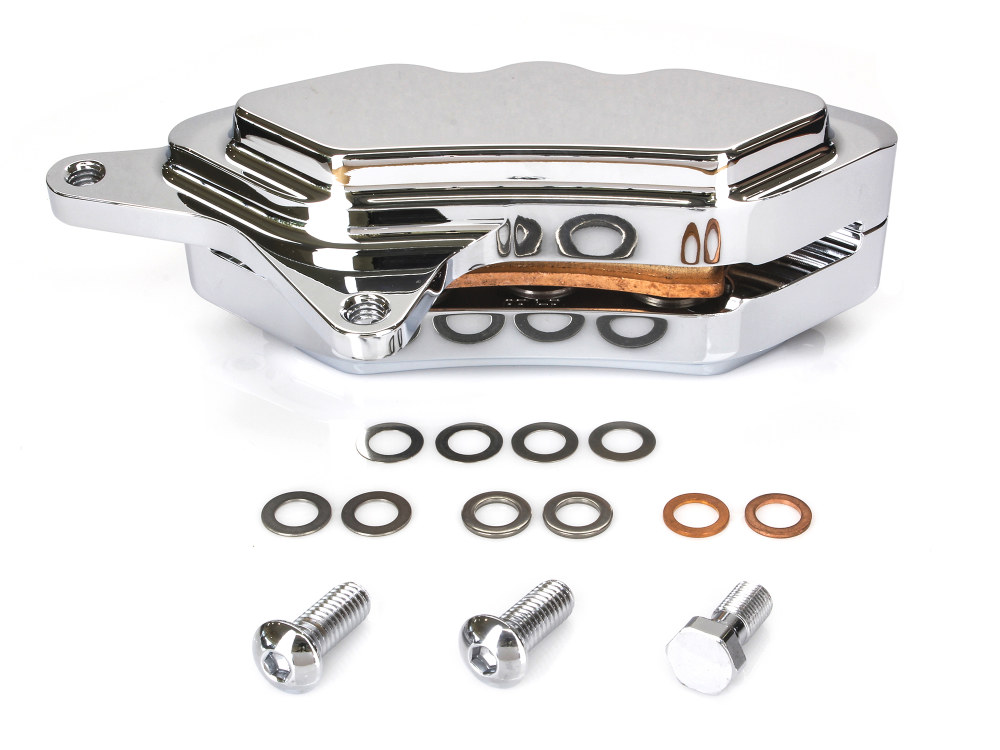 Hawg Halters Left Hand Front 6 Piston Caliper – Chrome. Fits most Big Twin 1984-1999 & Sportster 1984-1999 Models with 11.5in. Disc Rotor.