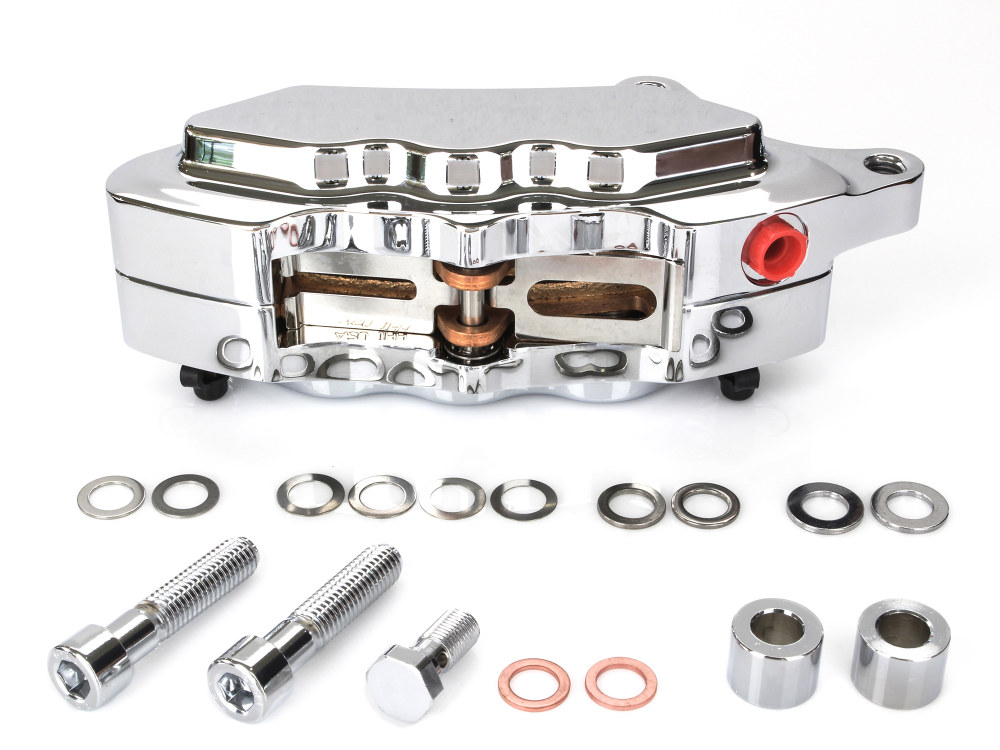 Hawg Halters Left Hand Front 6 Piston Caliper – Chrome. Fits Softail 2015up, V-Rod 2006-2017 & Touring 2008up & Sportster 2014-2021