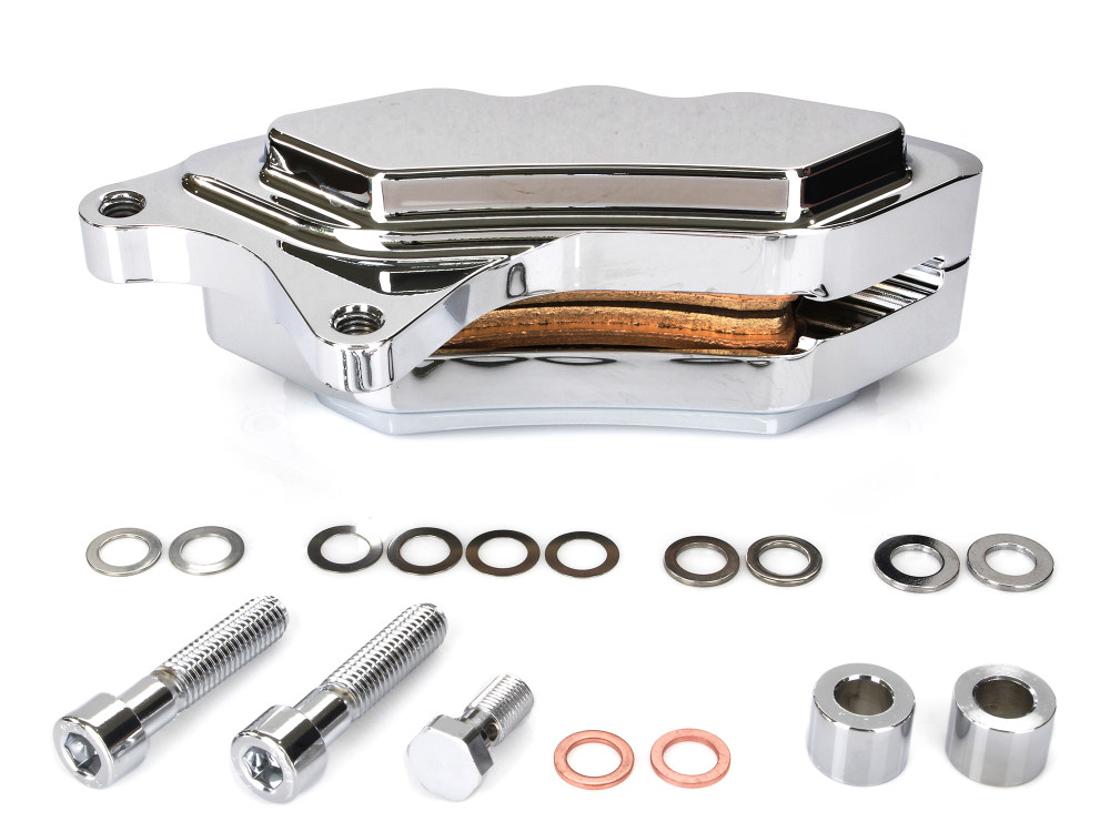 Hawg Halters Left Hand Front 6 Piston Caliper – Chrome. Fits Softail 2015up, V-Rod 2006-2017 & Touring 2008up & Sportster 2014-2021